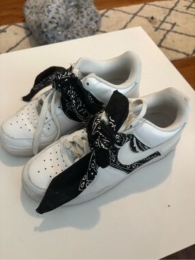 Nike White Sneakers with Black Bandana Swoosh Accent